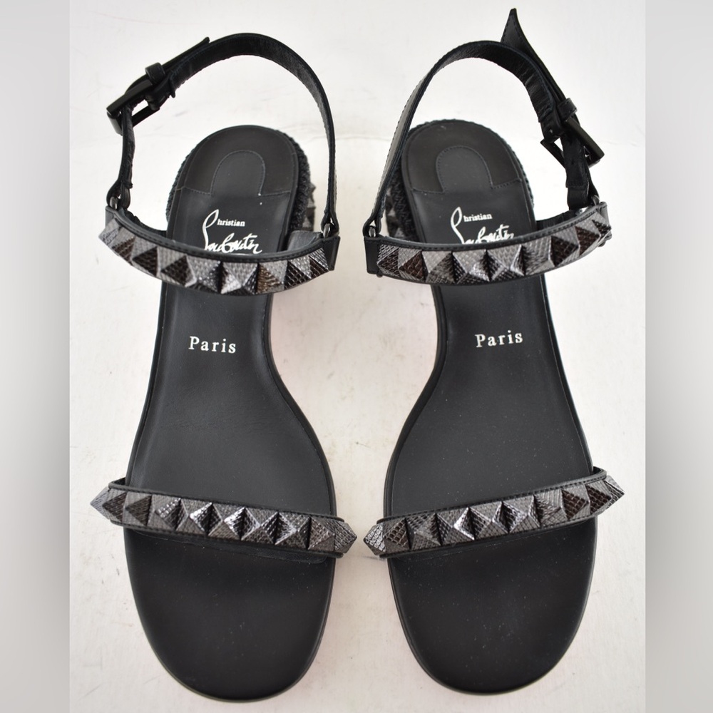 Christian Louboutin Pyrasand 30 Black Leather Block Heel Ankle Strap Sandal 35.5 - Picture 9 of 16
